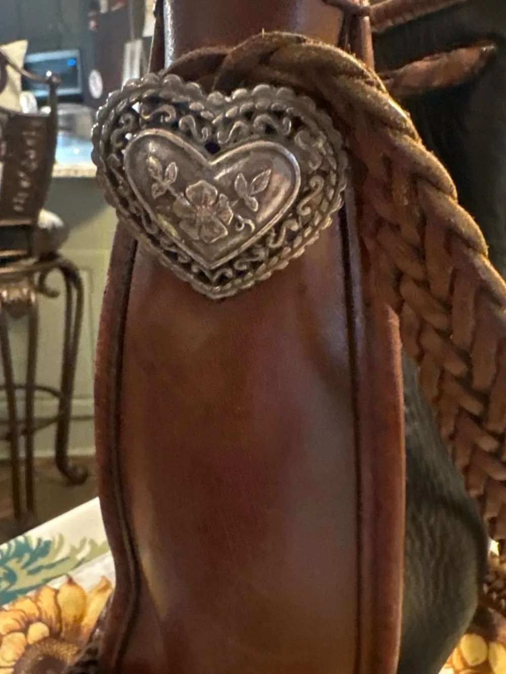 Brighton Brown and Tan Braided Leather Crossbody with Heart Concho